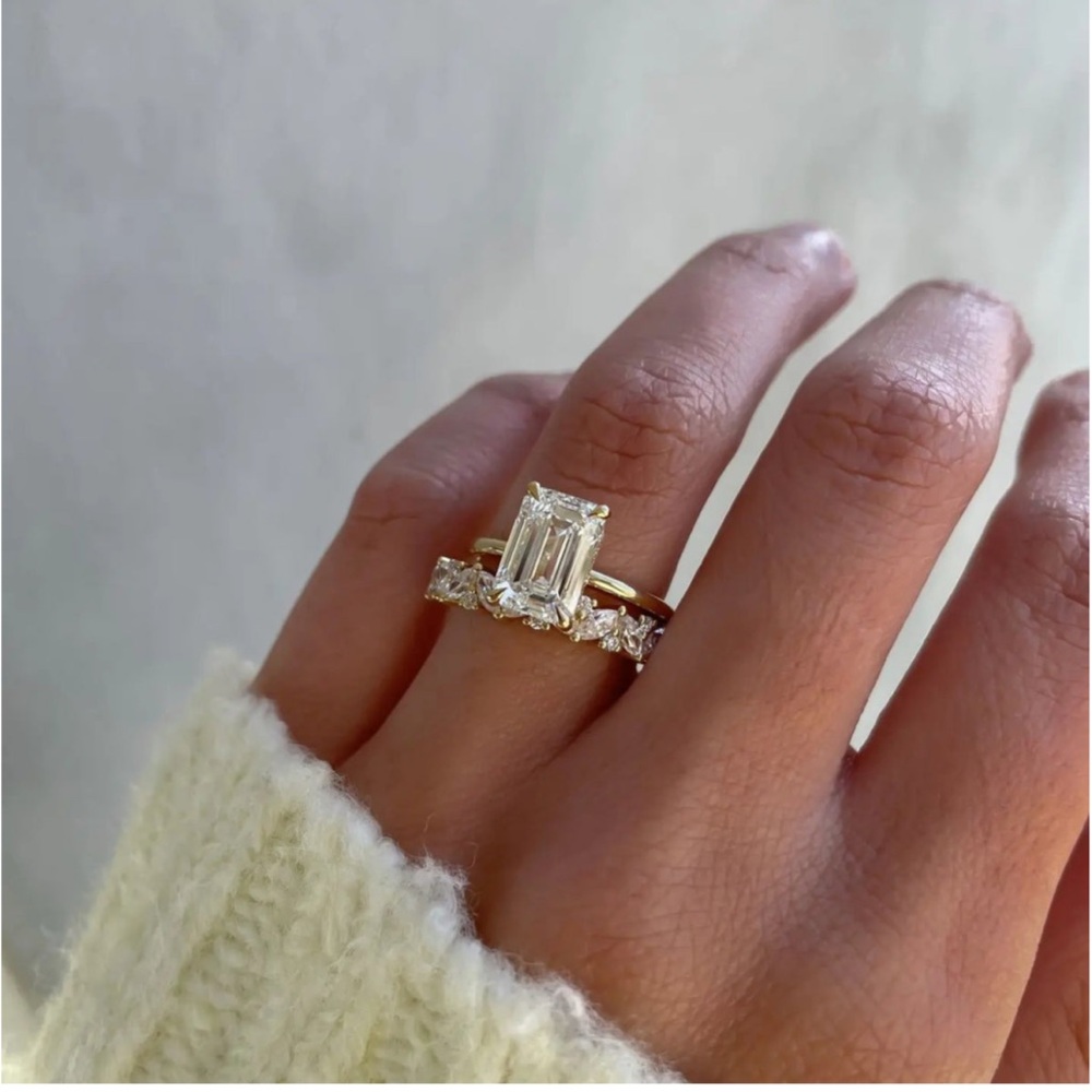 3 Carat Emerald Cut Moissonite Engagement Ring Set with 3/4 eternity band. Gold